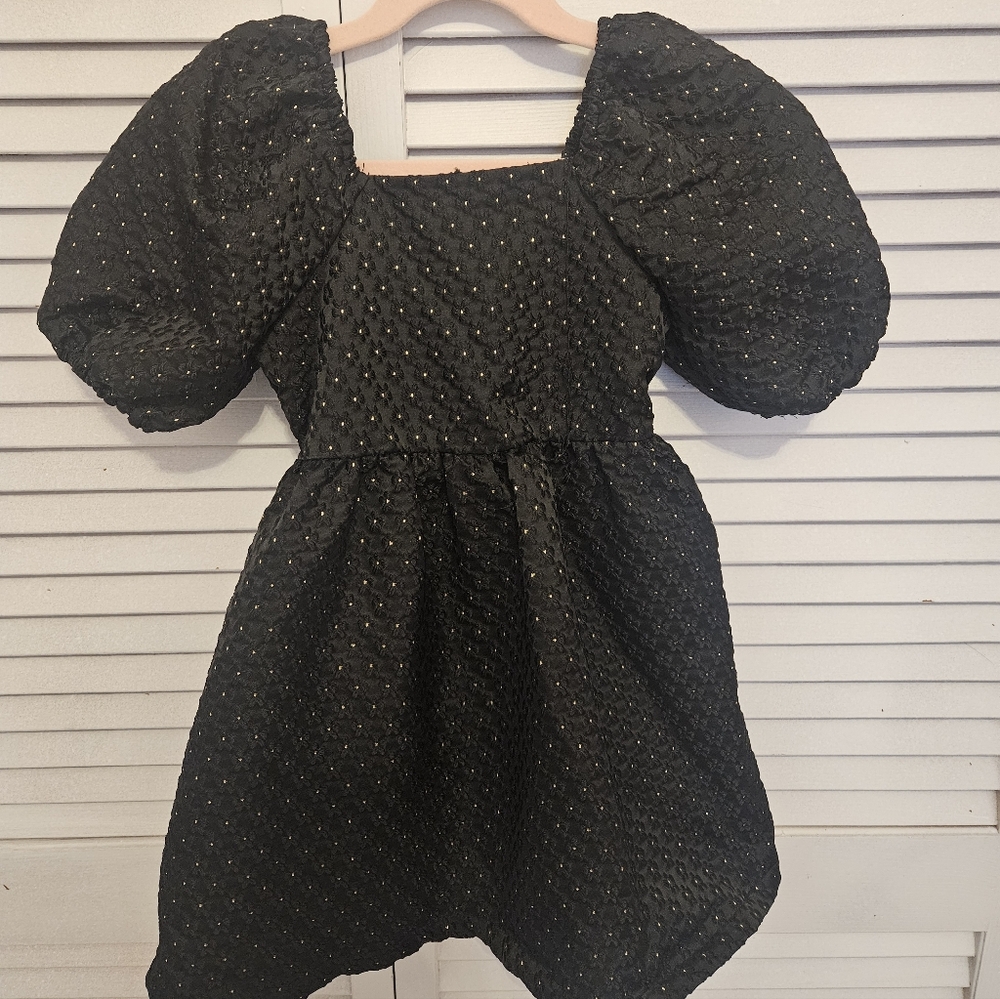 Copper Key Black Puff-Sleeve Party Dress with Gold Dot Accents